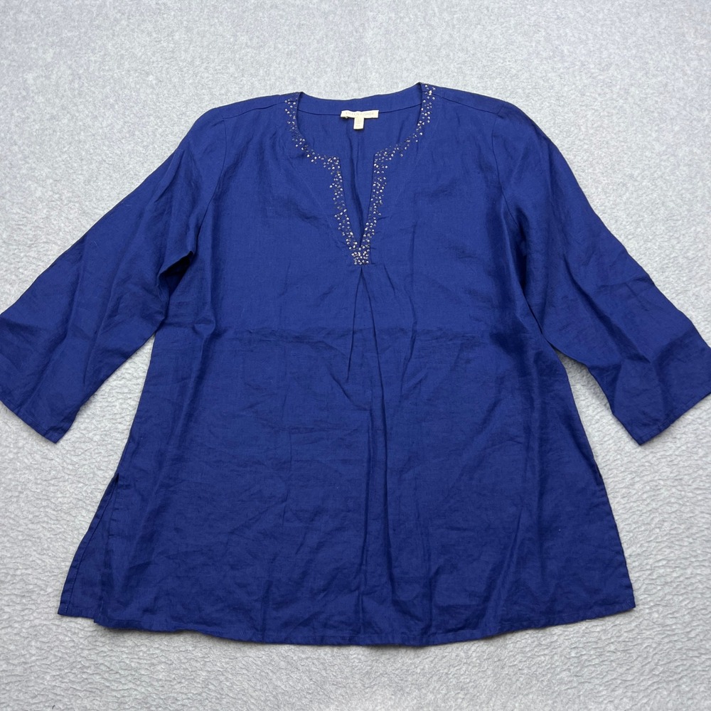 Eileen Fisher Tunic Womens PM Blue Linen Sequin Split Neck 3/4 Sleeve Relaxed